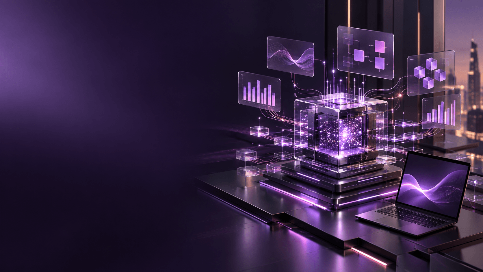 A connected data core with analytics panels and workflow diagrams