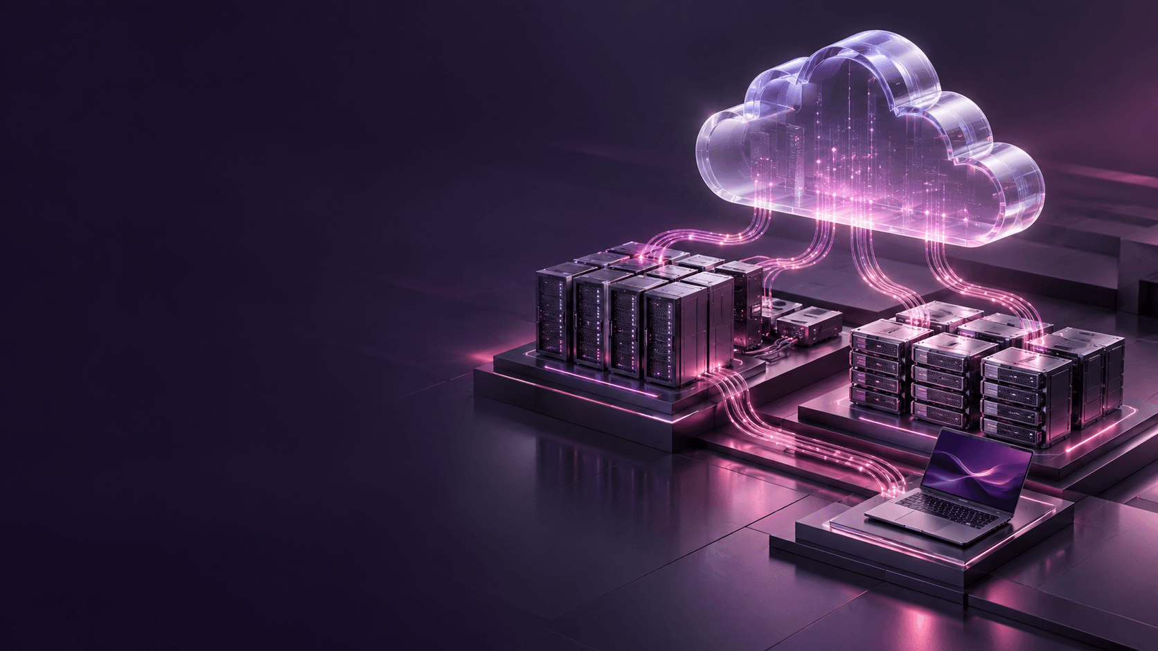Server racks connected to a cloud platform, representing continuity between on-site infrastructure and the cloud