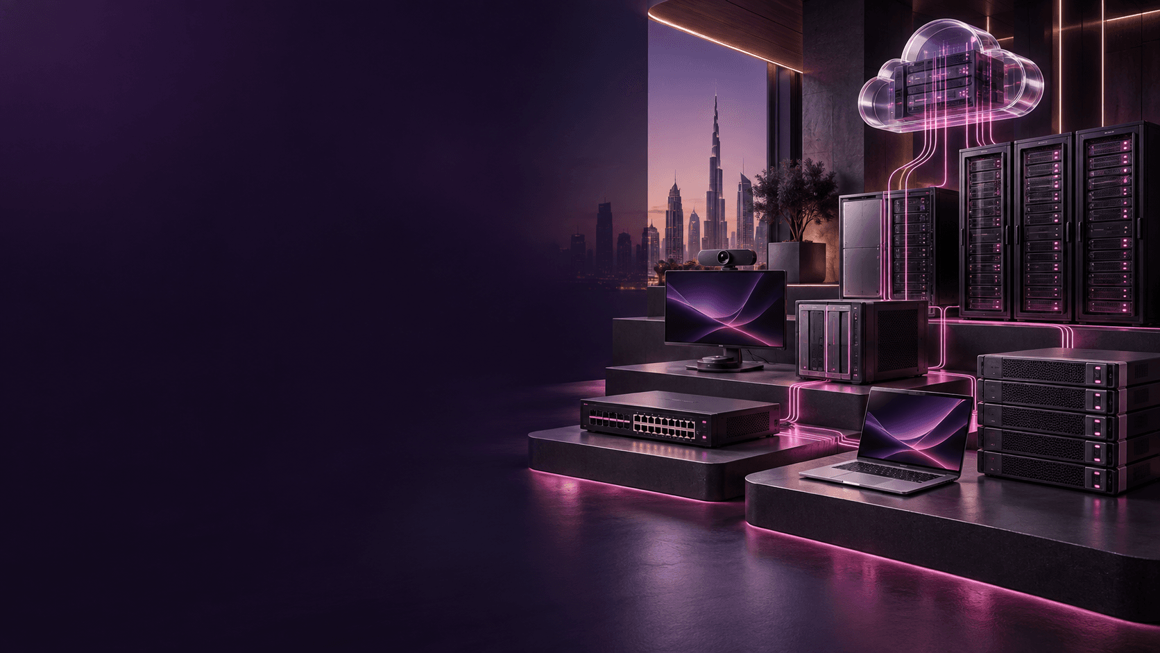 Connected servers, workstations and cloud infrastructure for a UAE enterprise, with the Abu Dhabi skyline in the background