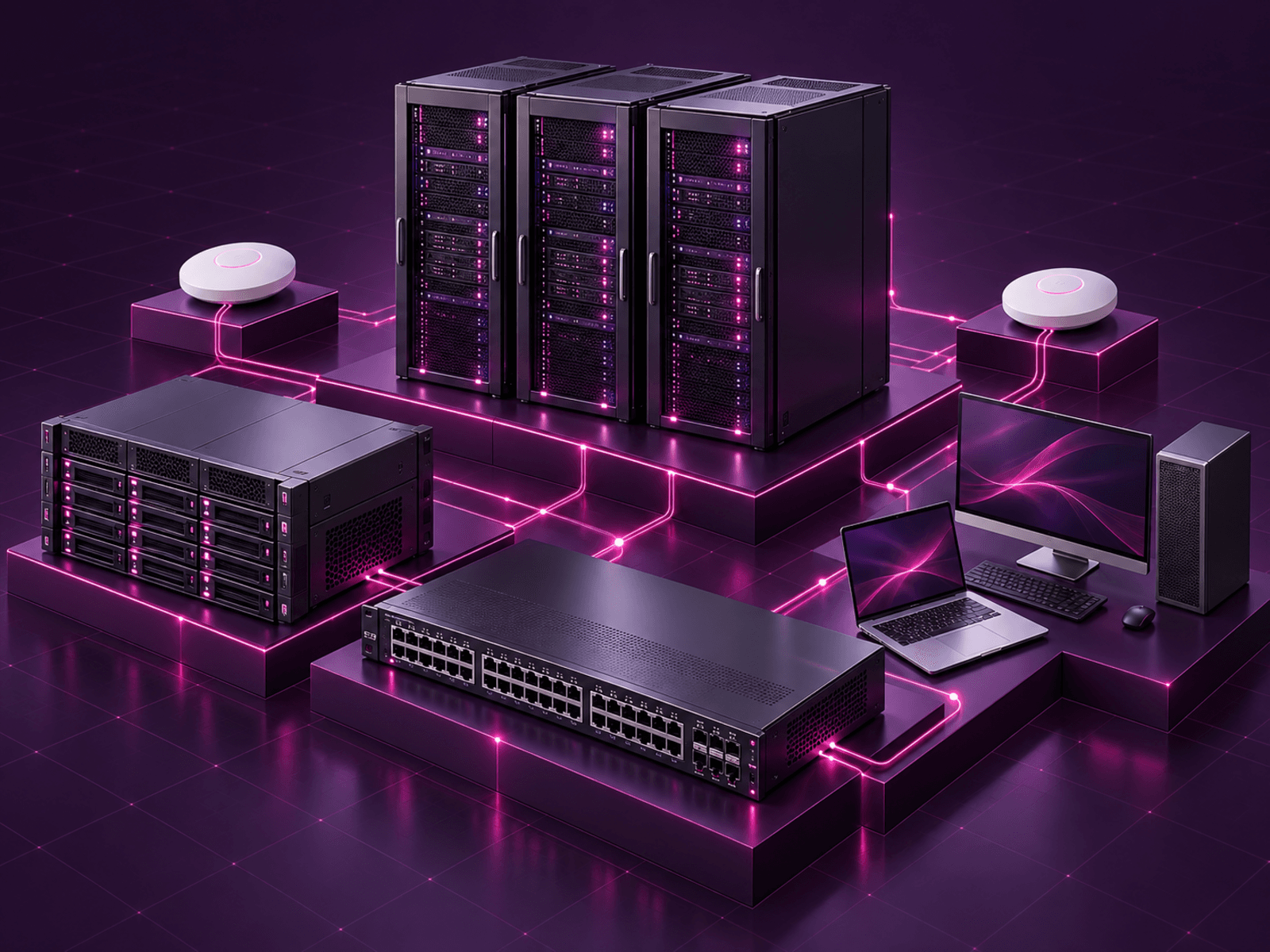 Server racks, network switches and workplace devices connected on a data platform