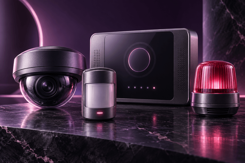 A dome camera, motion sensor, control panel and alarm beacon