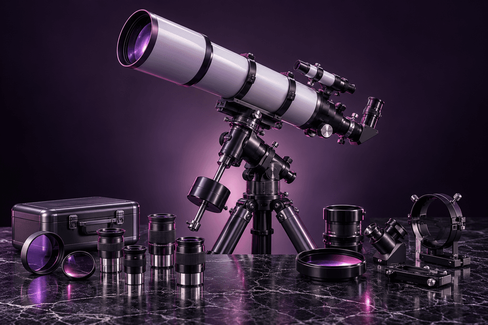 A telescope on a mount beside eyepieces, lenses and a carrying case