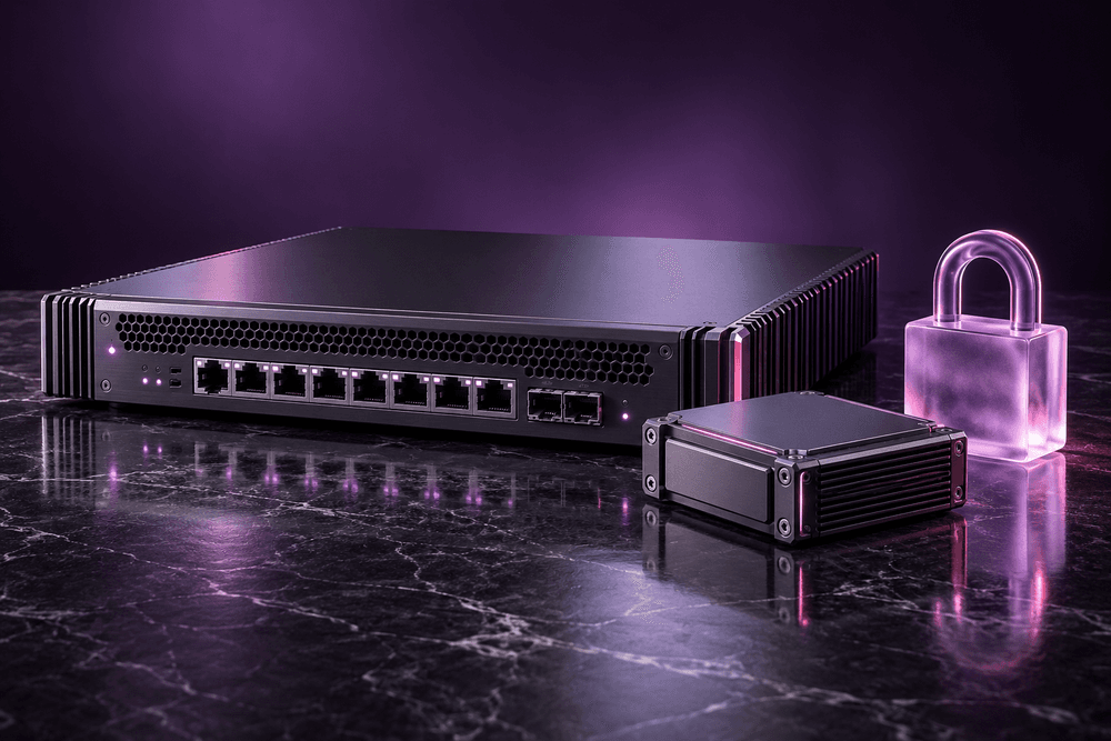 A secure network switch, an encryption module and a padlock