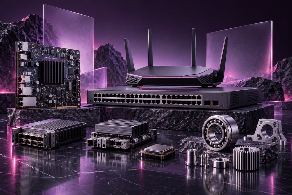 A circuit board, router, network switch and mechanical bearings and gears