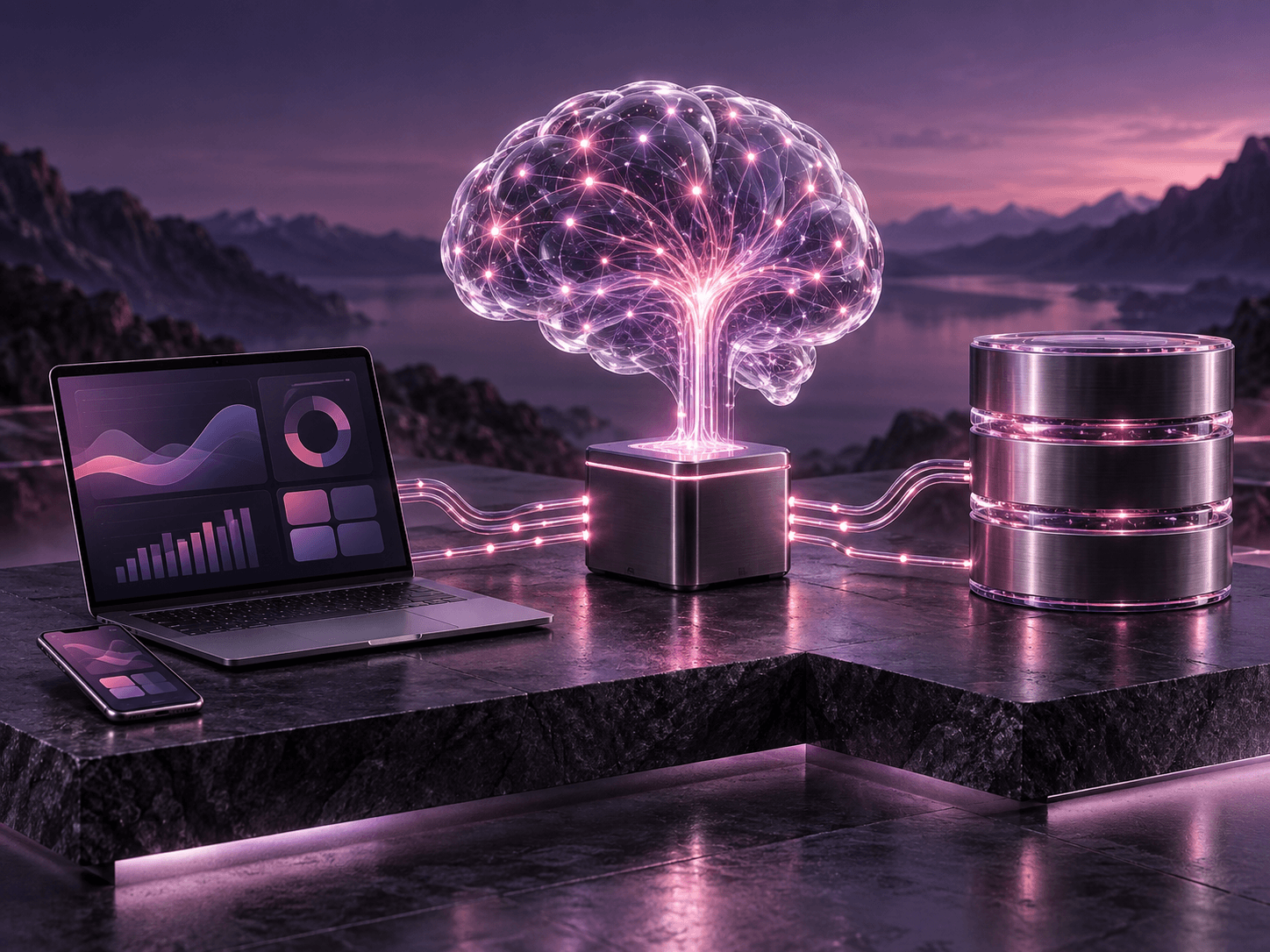 A connected AI brain, analytics dashboard and database overlooking a mountain lake at dusk