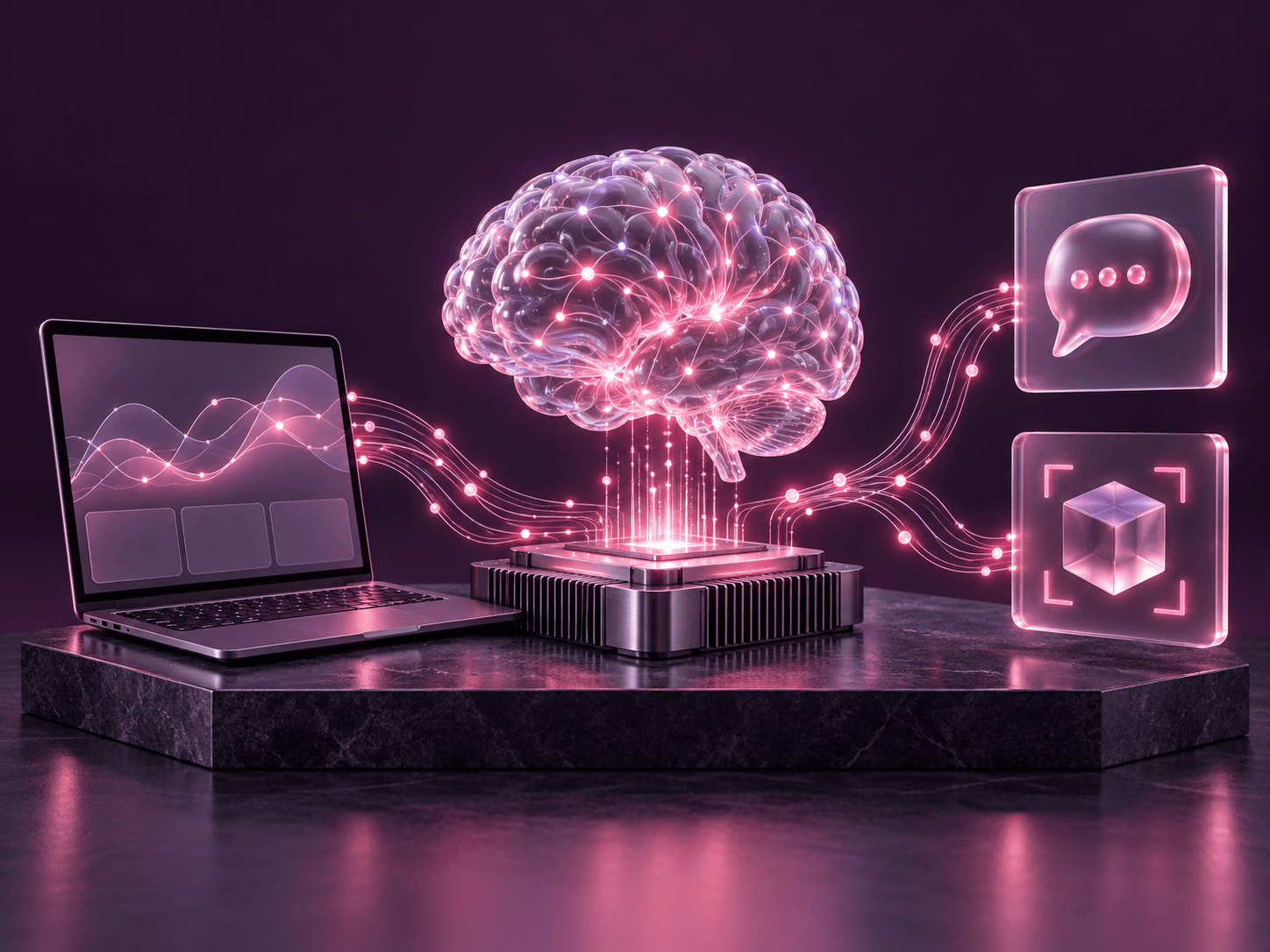 A connected brain on a processor chip linked to a laptop, chat bubble and vision icon