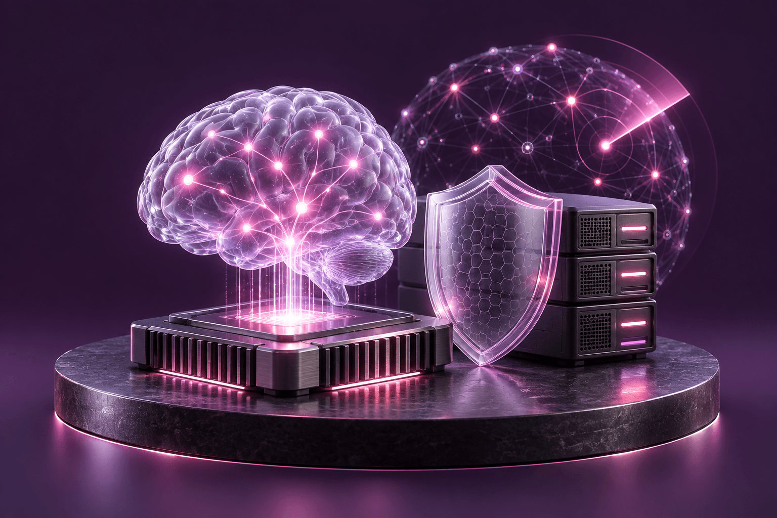 An AI brain on a processor chip beside a shield, radar globe and protected servers