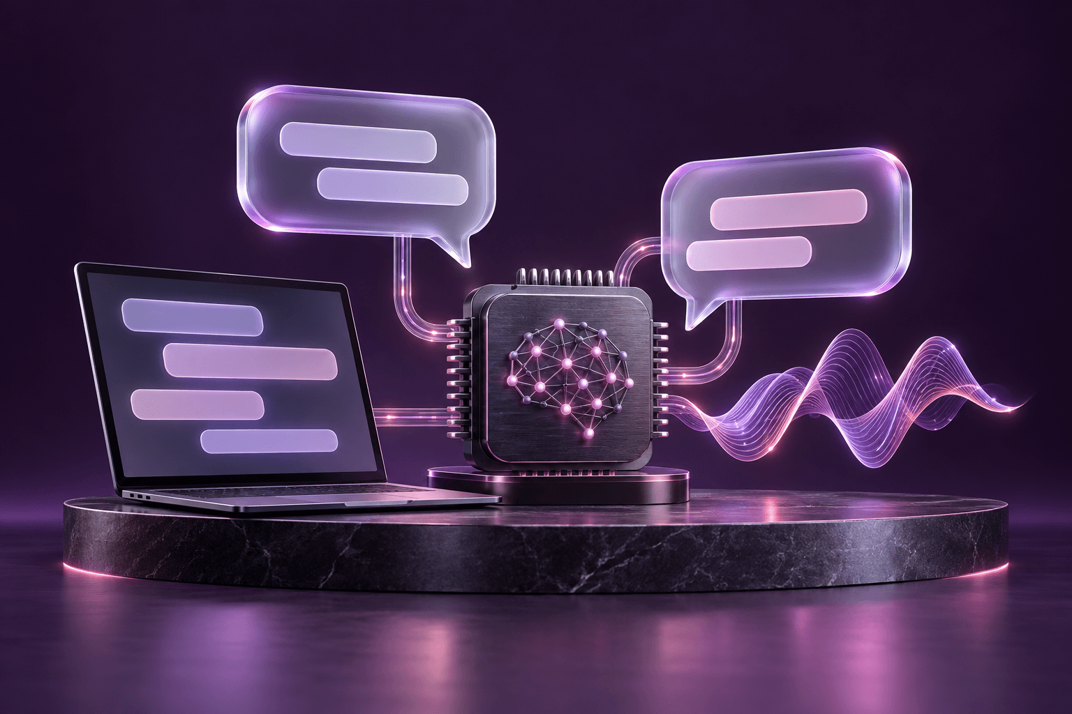 Chat bubbles and a sound wave connected to an AI processor beside a laptop showing text