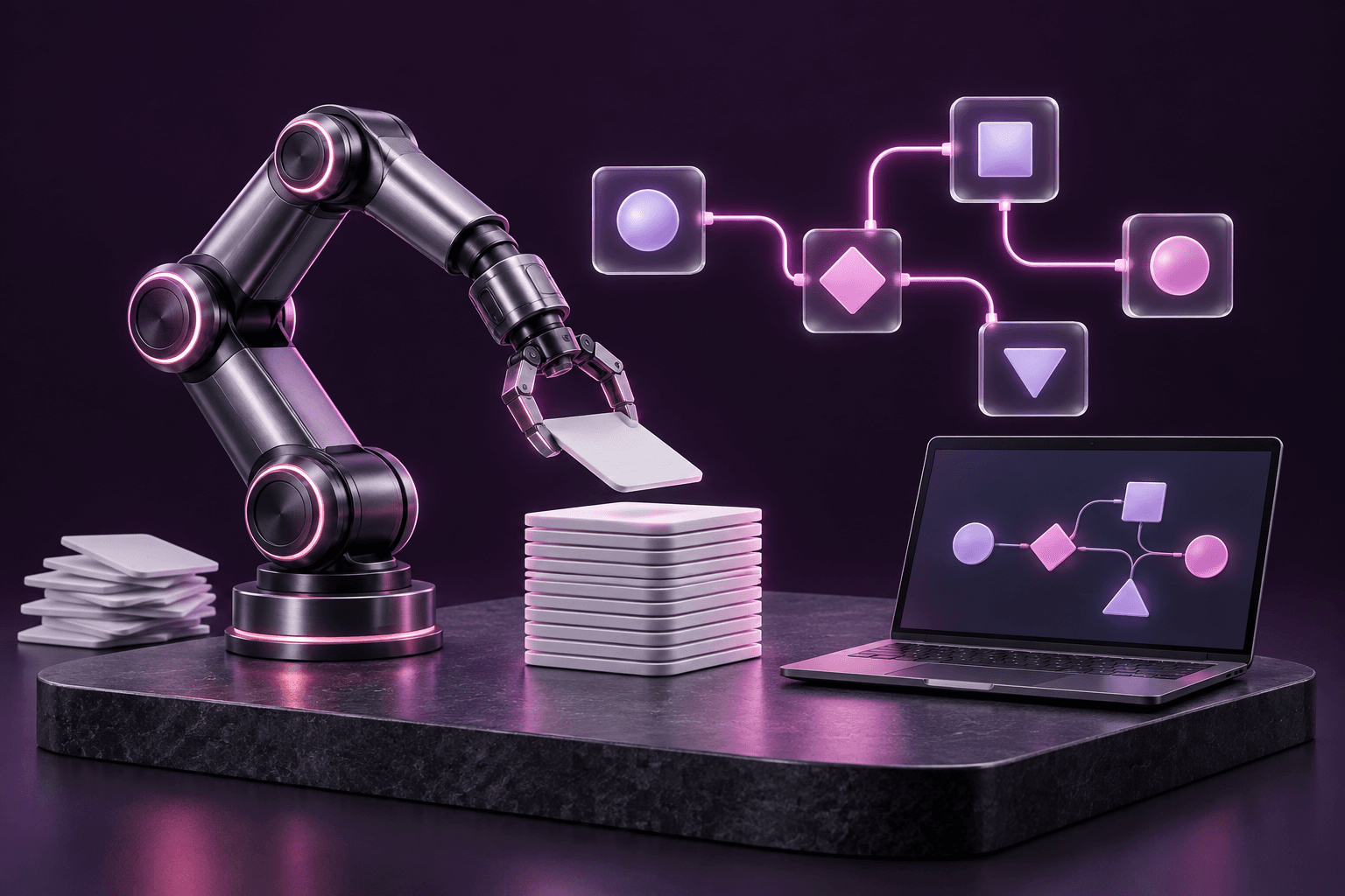 A robotic arm stacking items beside a laptop showing a process flowchart