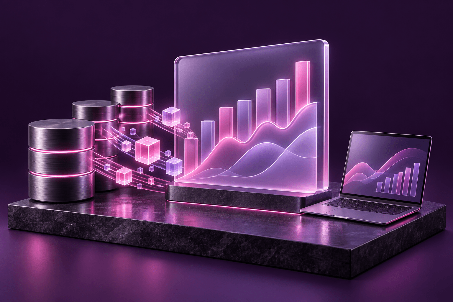 Database cylinders flowing into analytics charts beside a laptop showing a dashboard