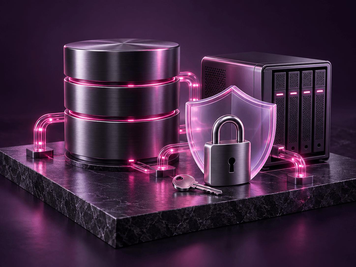 A database, padlock, shield and storage server connected on a secure data platform