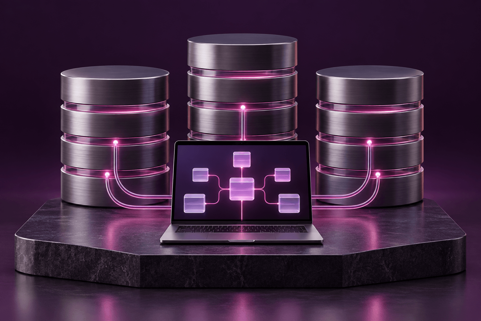 Three databases connected to a laptop showing a data-structure diagram