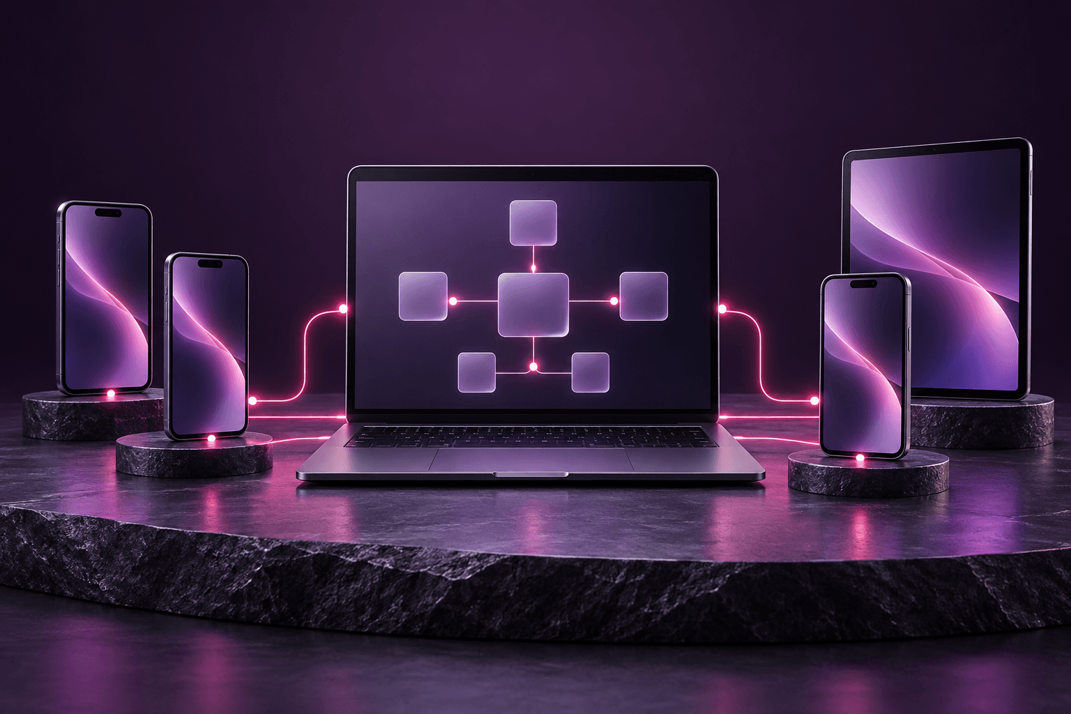 A central management console connected to multiple enrolled phones, a laptop and a tablet