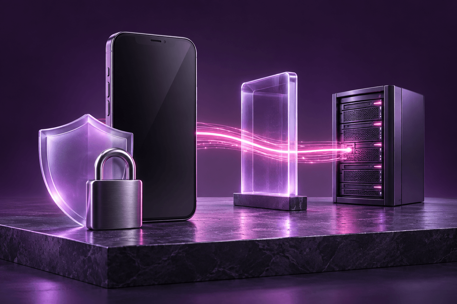 A phone with a padlock and shield connecting through a secure gateway to a server