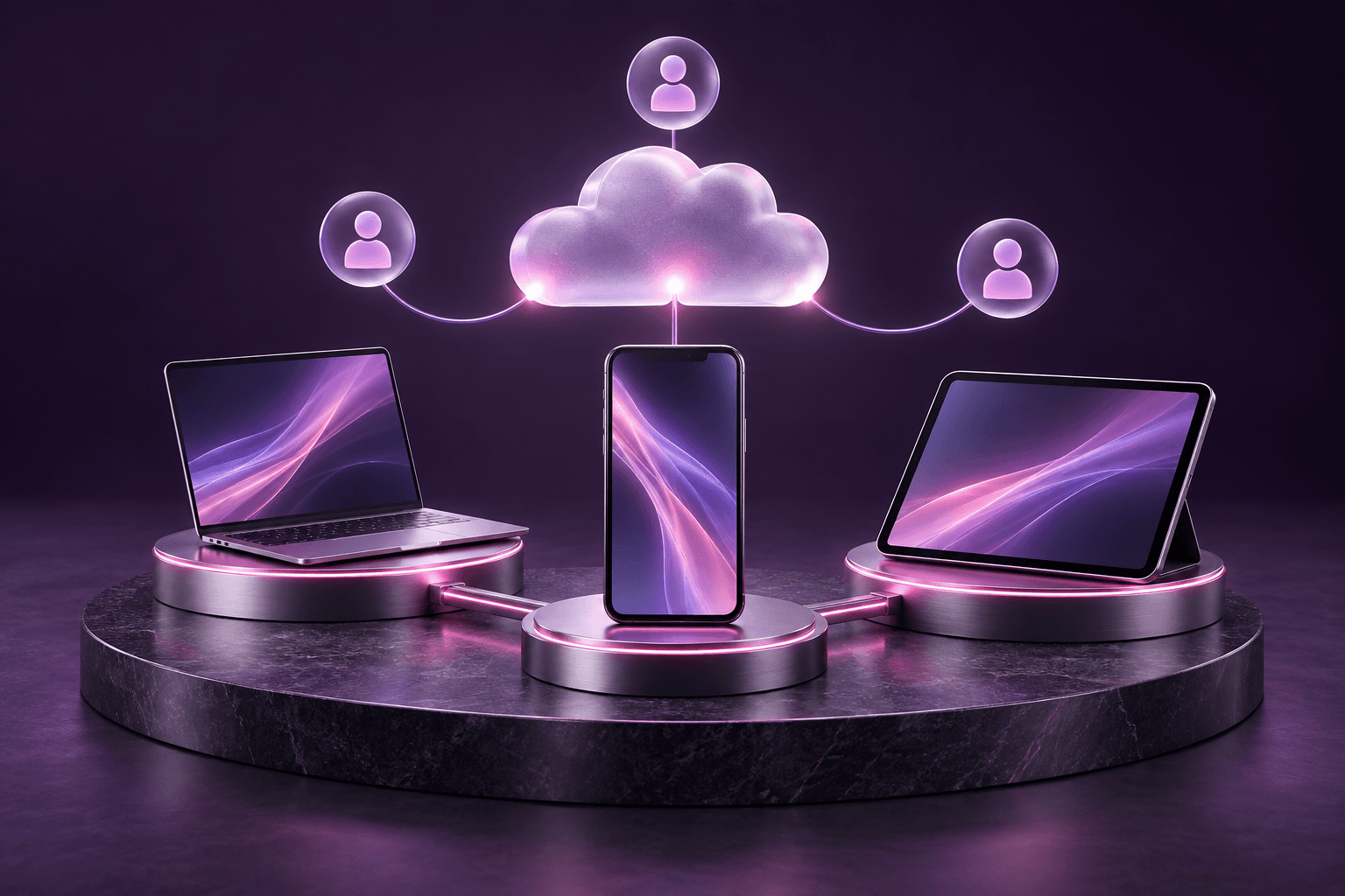 A laptop, phone and tablet connected through the cloud to multiple workforce users