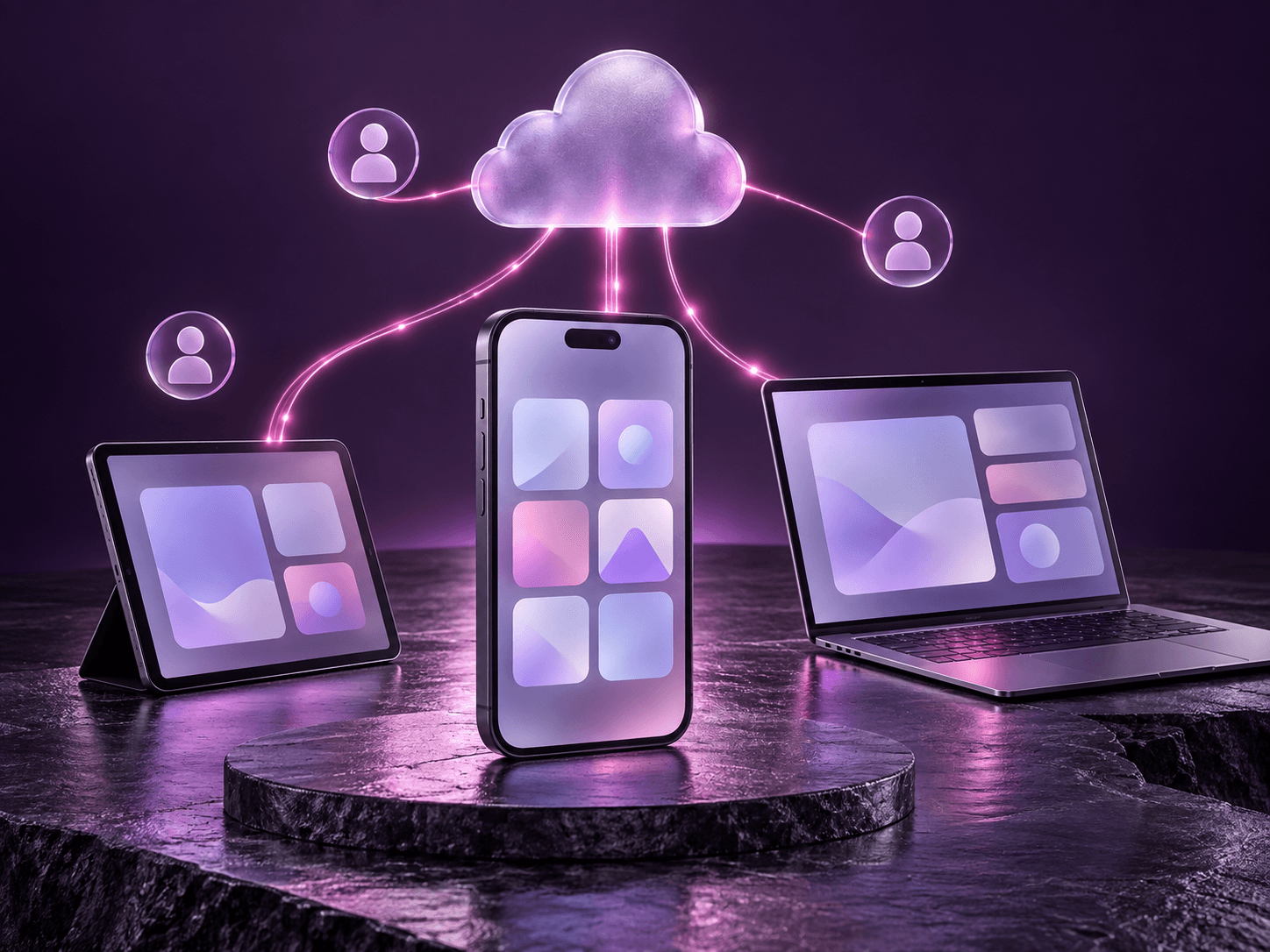 A phone, tablet and laptop connected through the cloud to remote team members