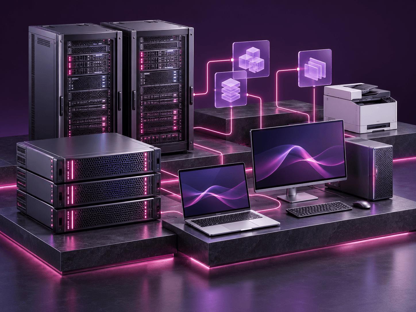 Server racks, storage units, a laptop, monitor and printer connected on a data platform