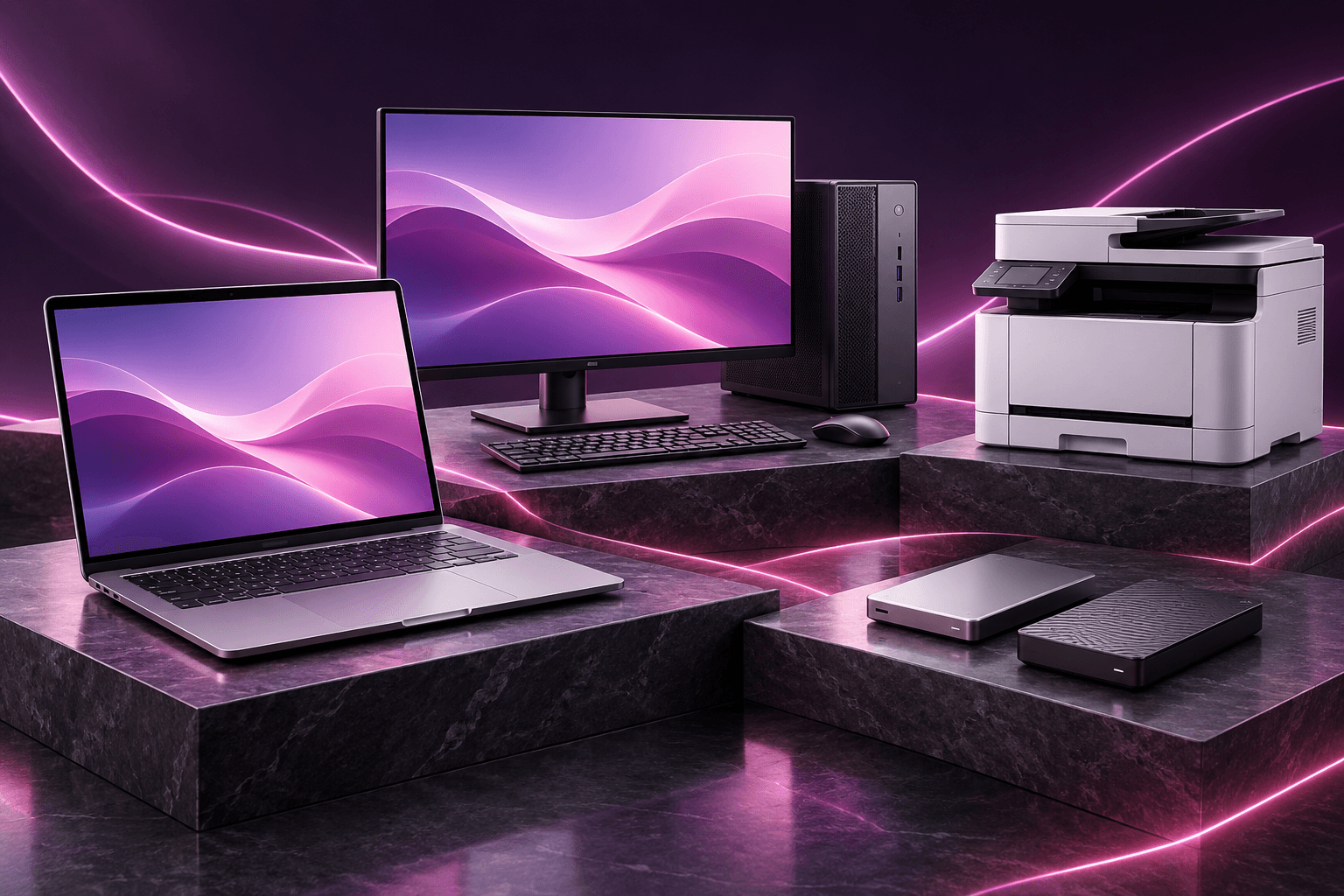 A laptop, desktop monitor and tower, printer and external hard drives