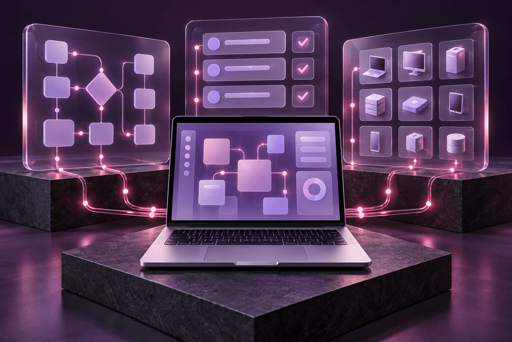A laptop showing a connected workflow diagram, surrounded by process and asset-management panels