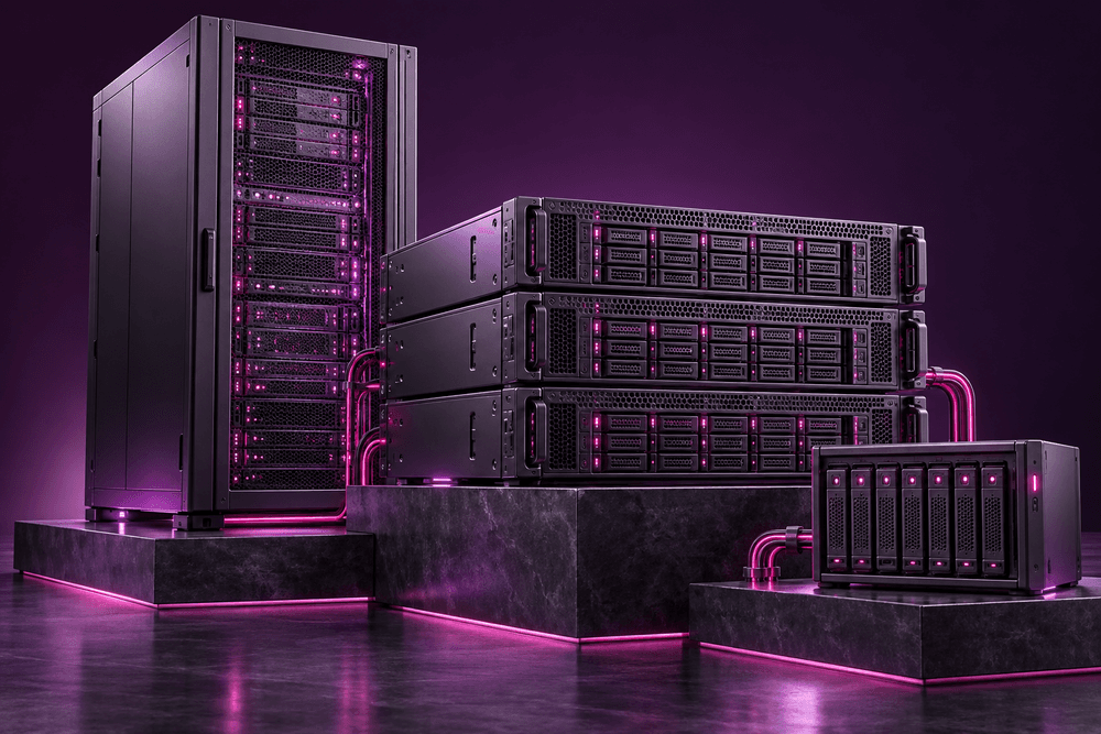 Server racks, rack-mounted storage units and a NAS enclosure