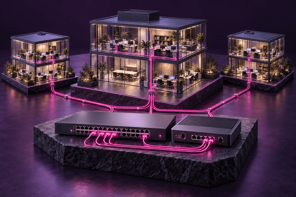 Multiple connected office buildings linked through network switches