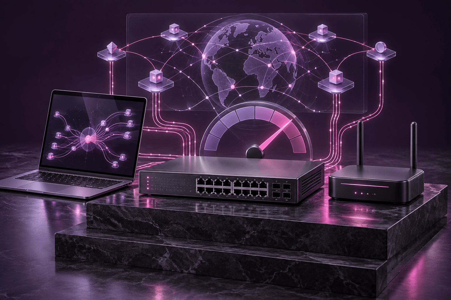 A performance gauge and global network map above a switch and router