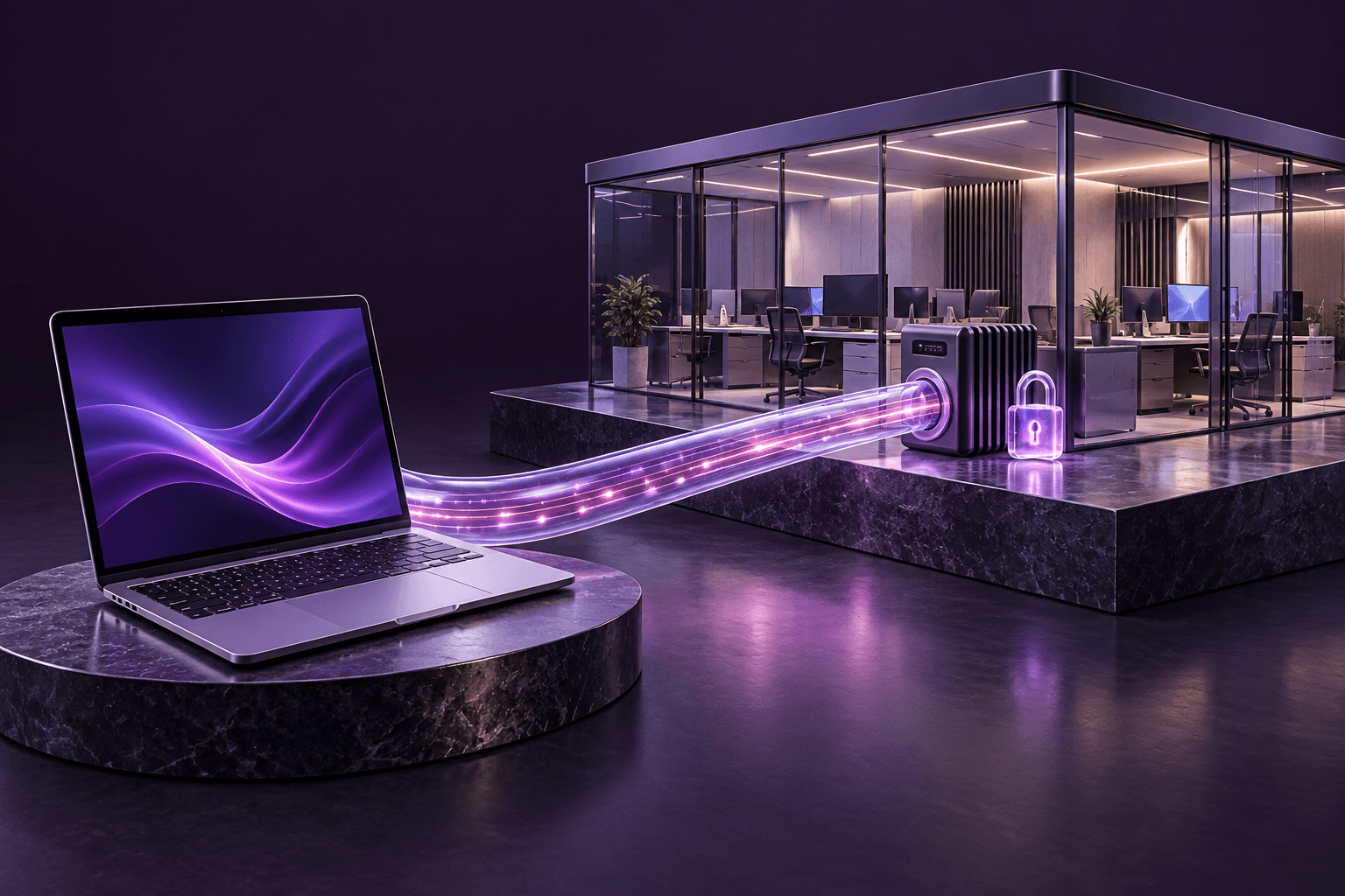 A laptop connected through a secure encrypted tunnel to an office network