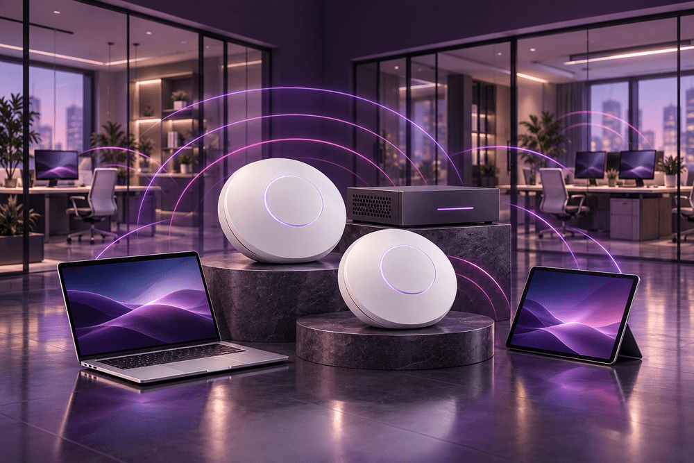 Wireless access points broadcasting coverage to a laptop and tablet in an office