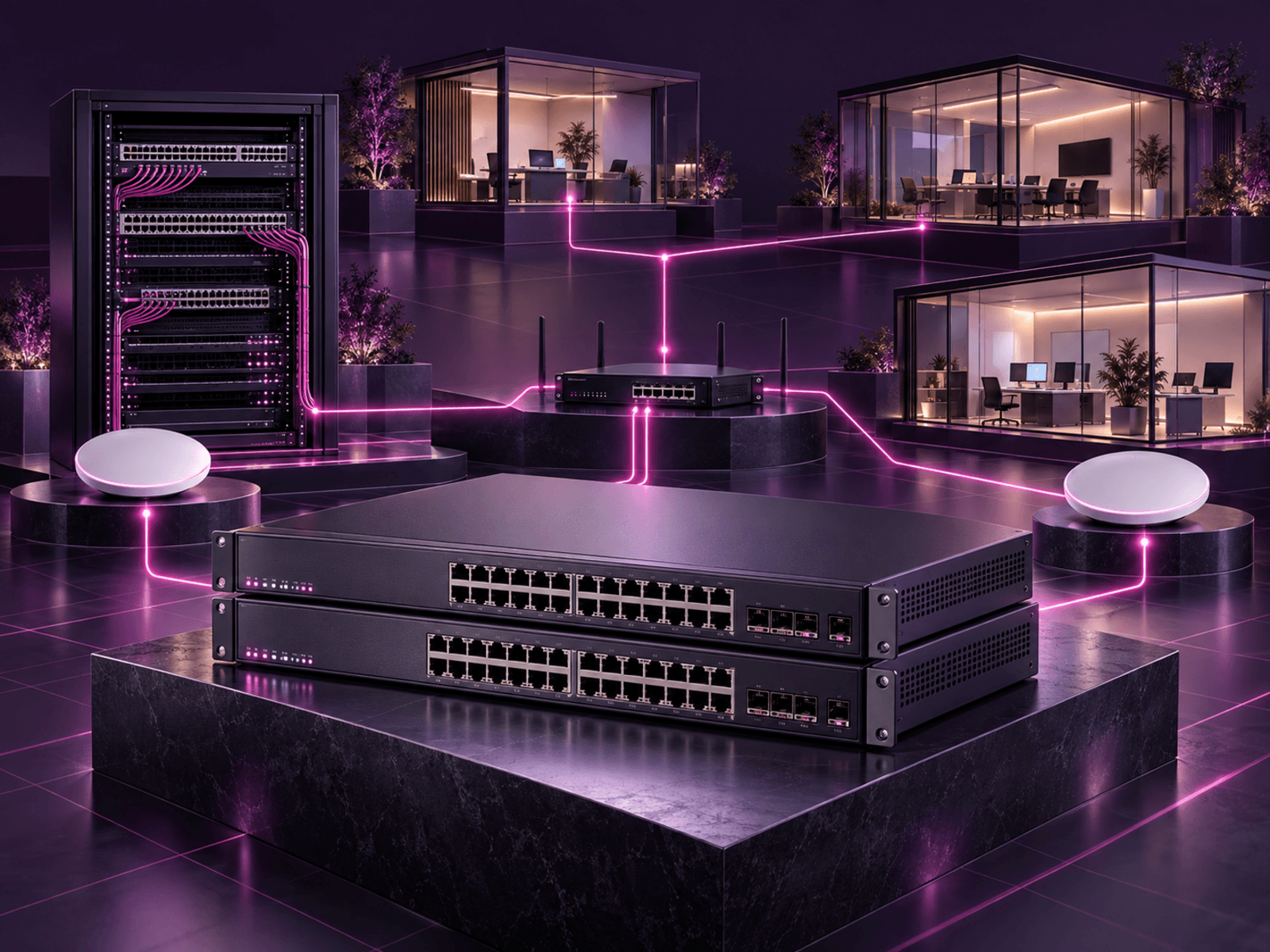 Network switches, a router and wireless access points connected to office workstations