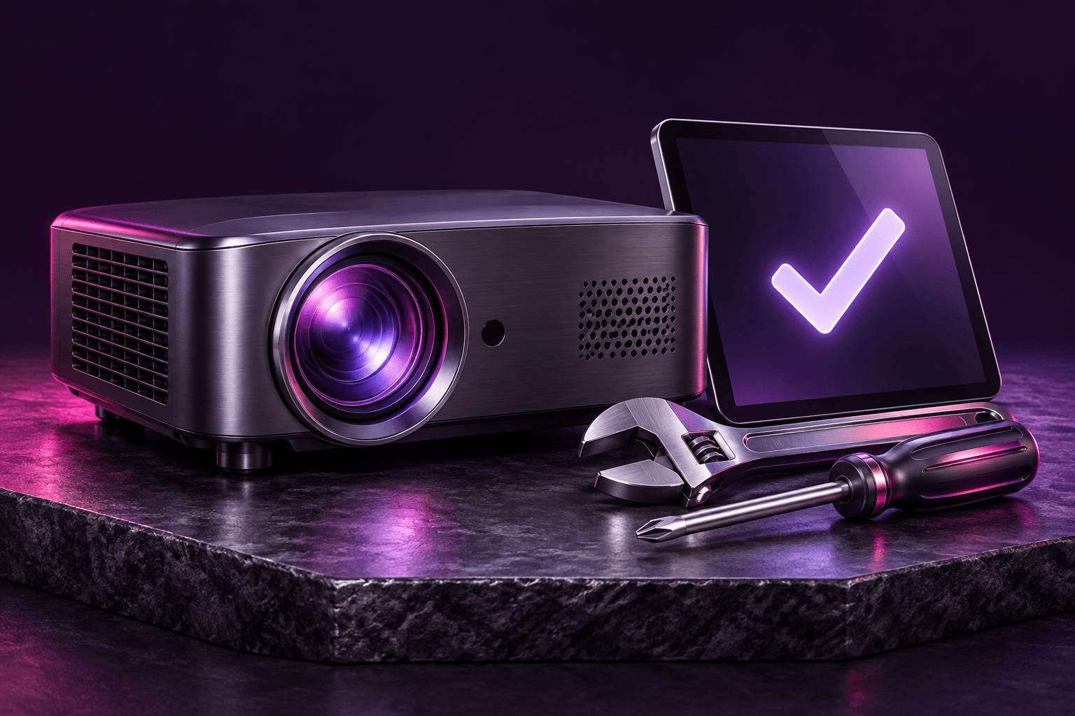 A projector beside a wrench, screwdriver and a tablet showing a verified checkmark