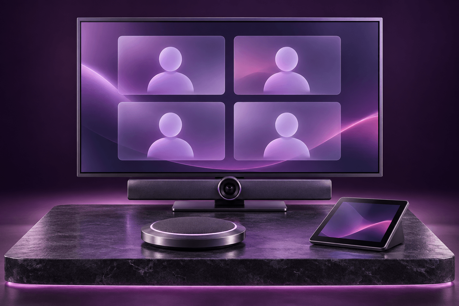 A meeting-room display showing a video call, with a camera bar, conferencing puck and touch panel