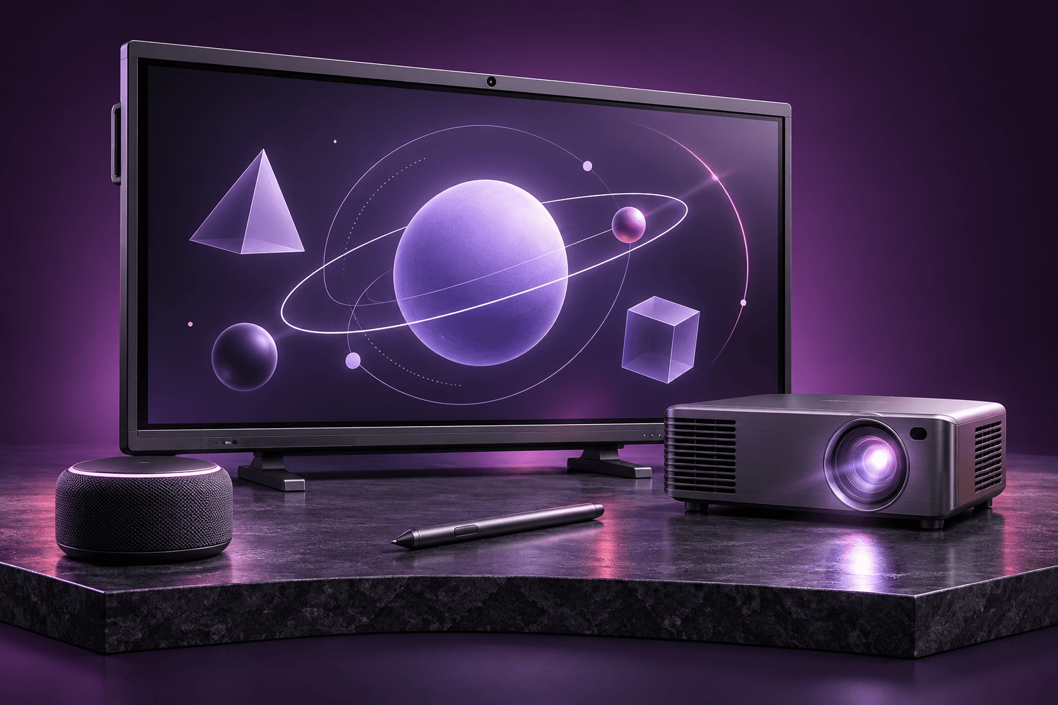 An interactive display showing educational content, with a stylus pen and a projector