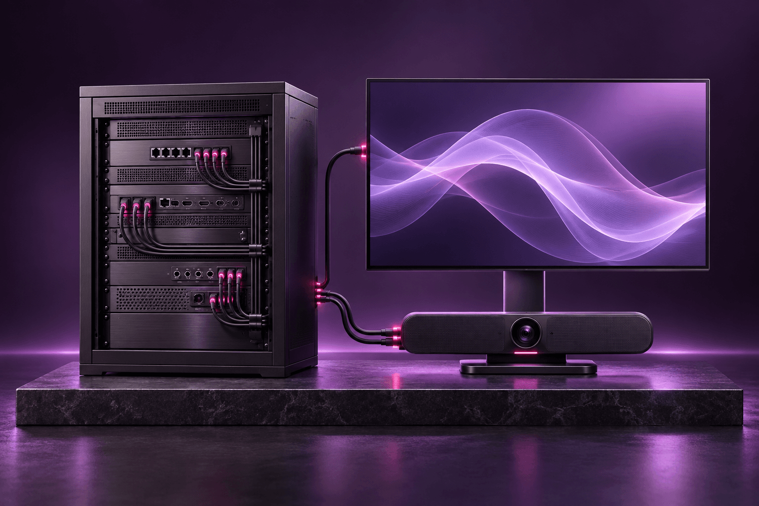 An AV rack wired to a display and camera bar
