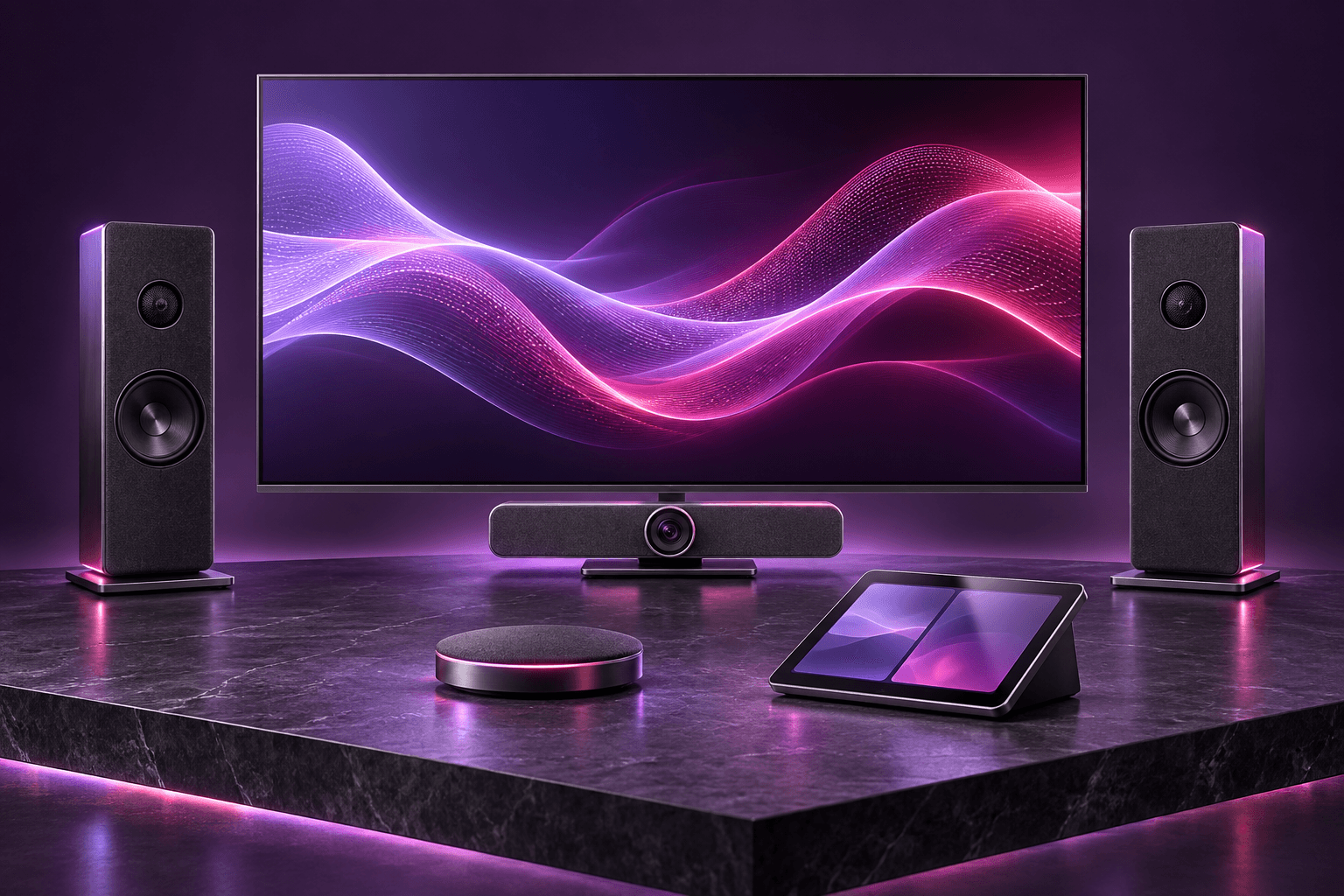 A large display, speakers, a camera bar, a conferencing puck and a touch panel on a meeting room table