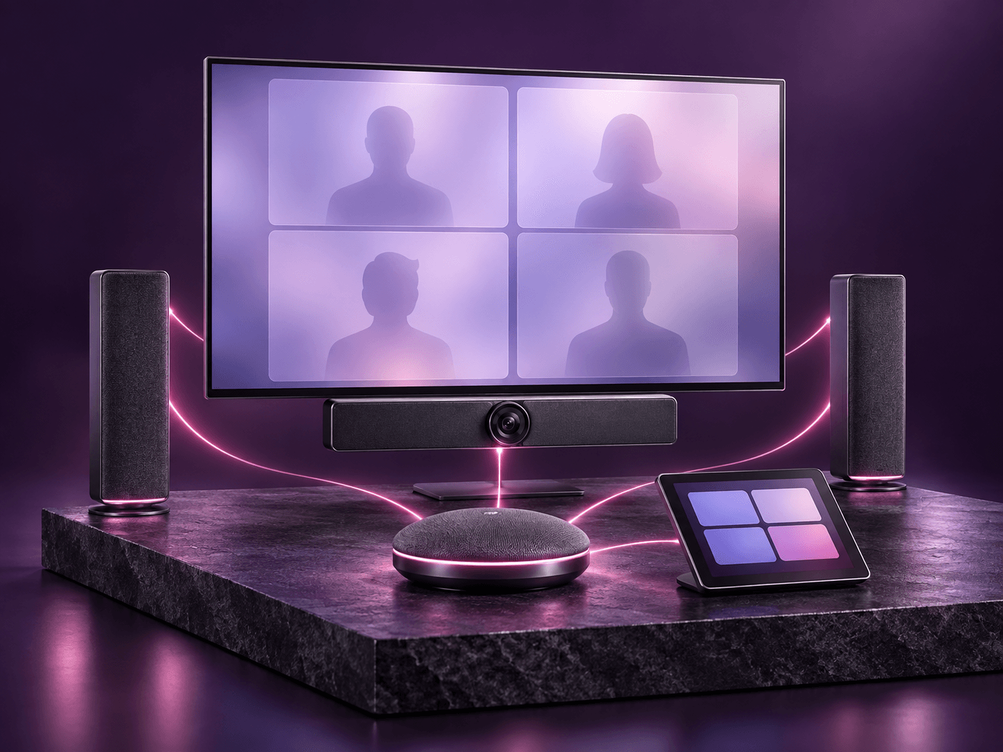 A video conferencing display with speakers, a camera bar, a conferencing puck and a touch panel