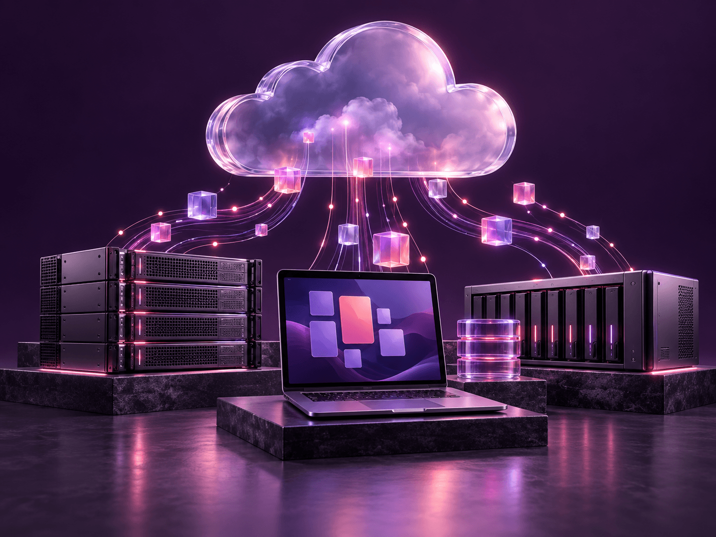 A laptop, server racks and a NAS enclosure connected to a cloud platform