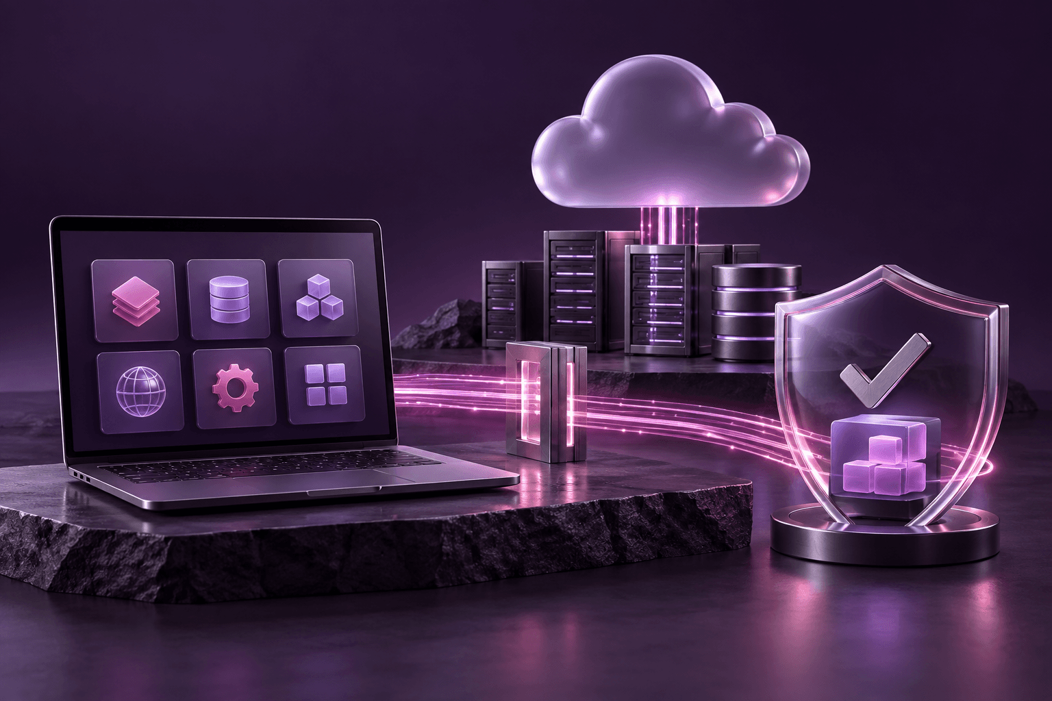 A protective shield with a checkmark securing application workloads connected to a cloud gateway