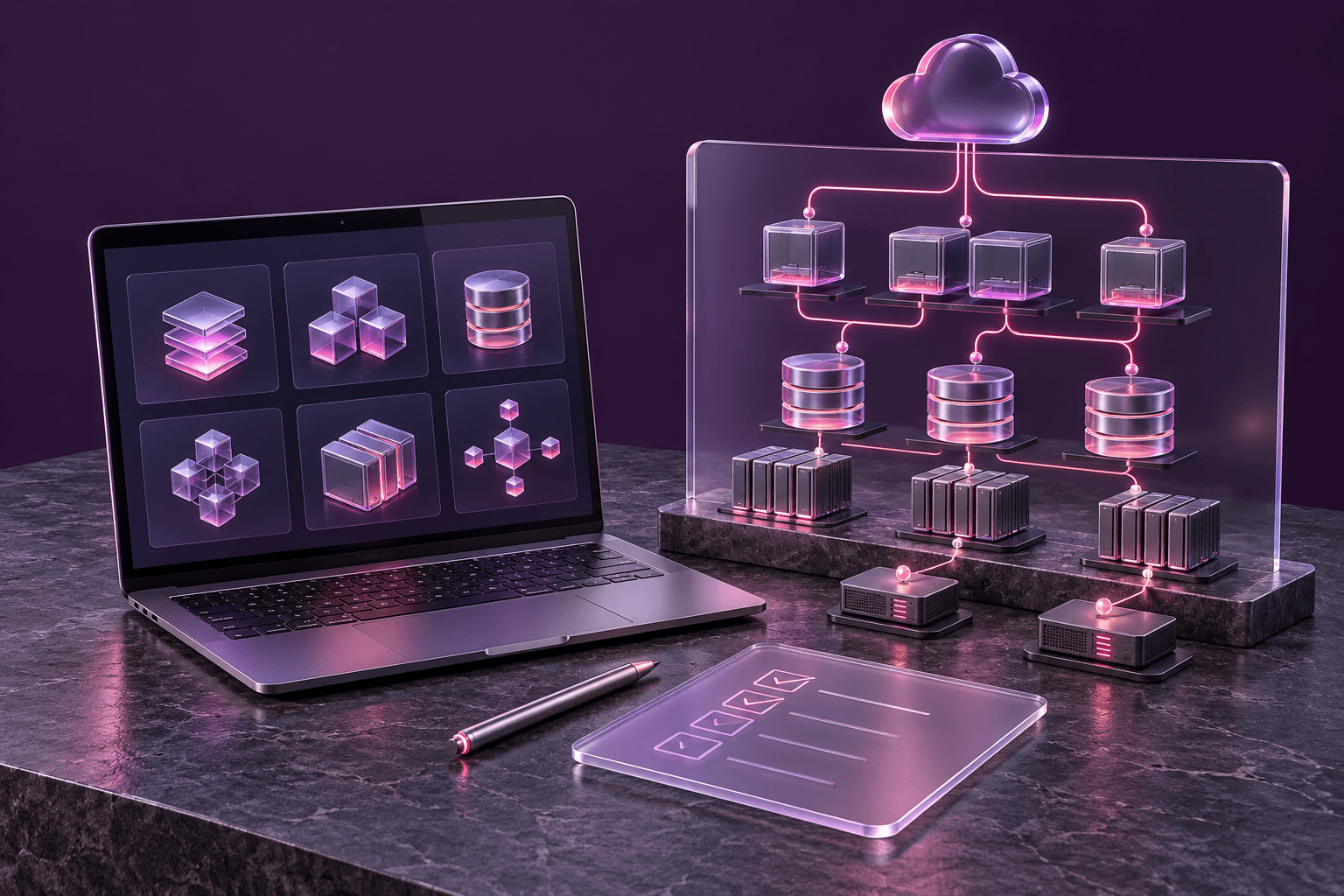A laptop showing workload options beside a requirements checklist and a workload architecture diagram