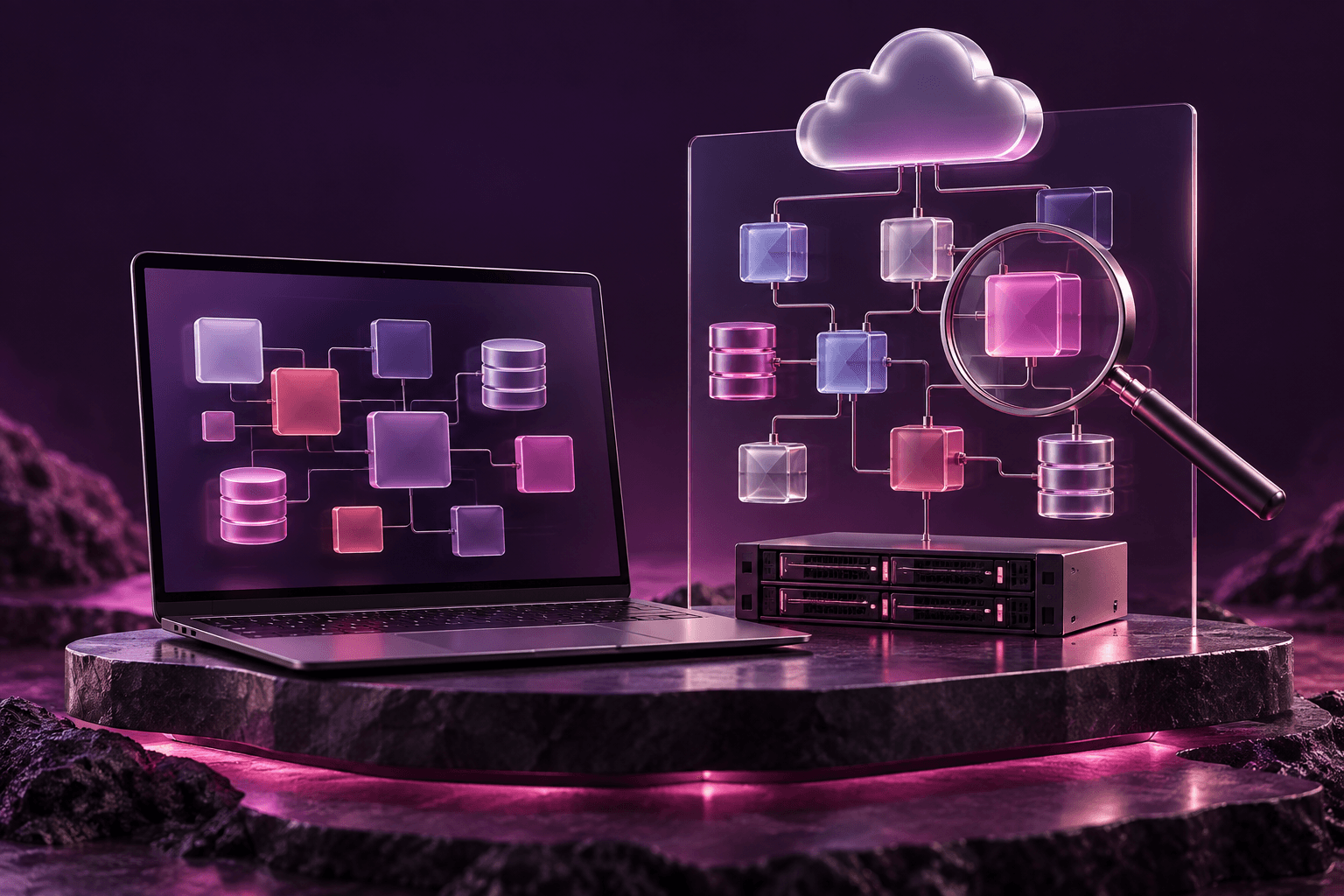 A magnifying glass examining a workload architecture diagram connected to databases