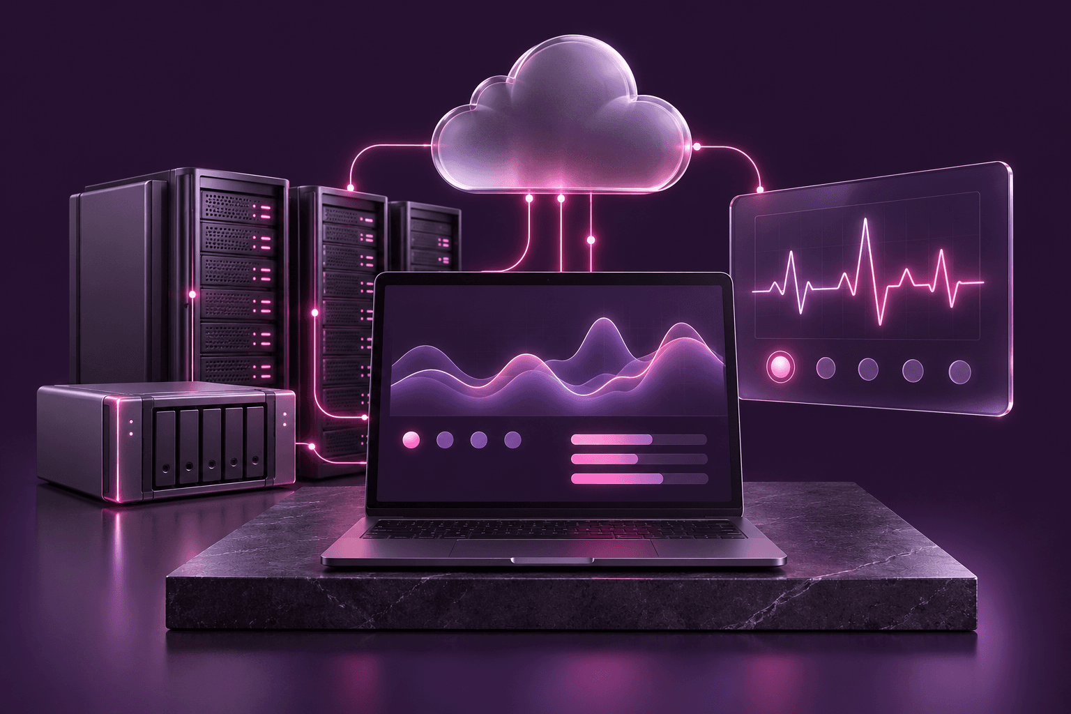 A laptop showing service health metrics beside a pulse-style monitoring screen and connected server racks