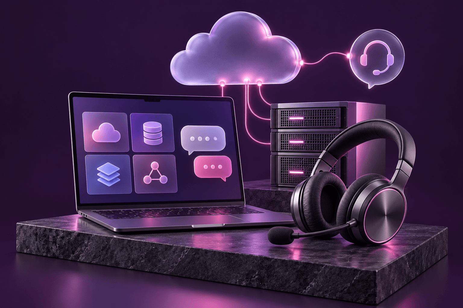 A laptop with cloud service icons beside a headset, representing technical support