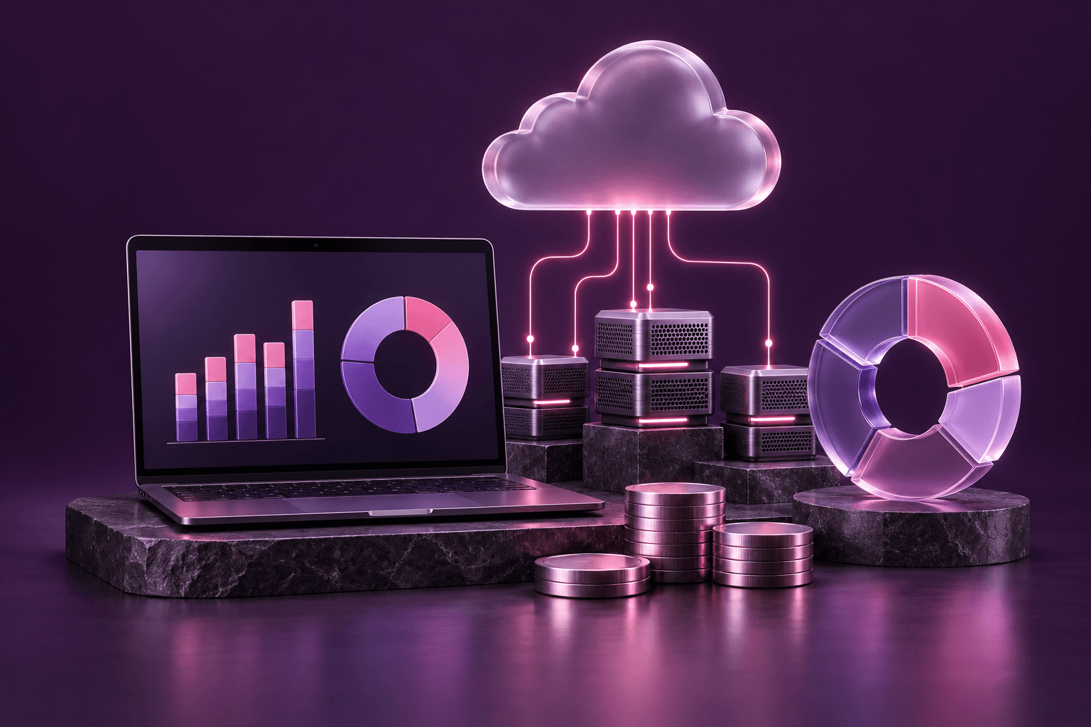 A laptop showing usage charts beside cloud resources and stacked coins representing cost review