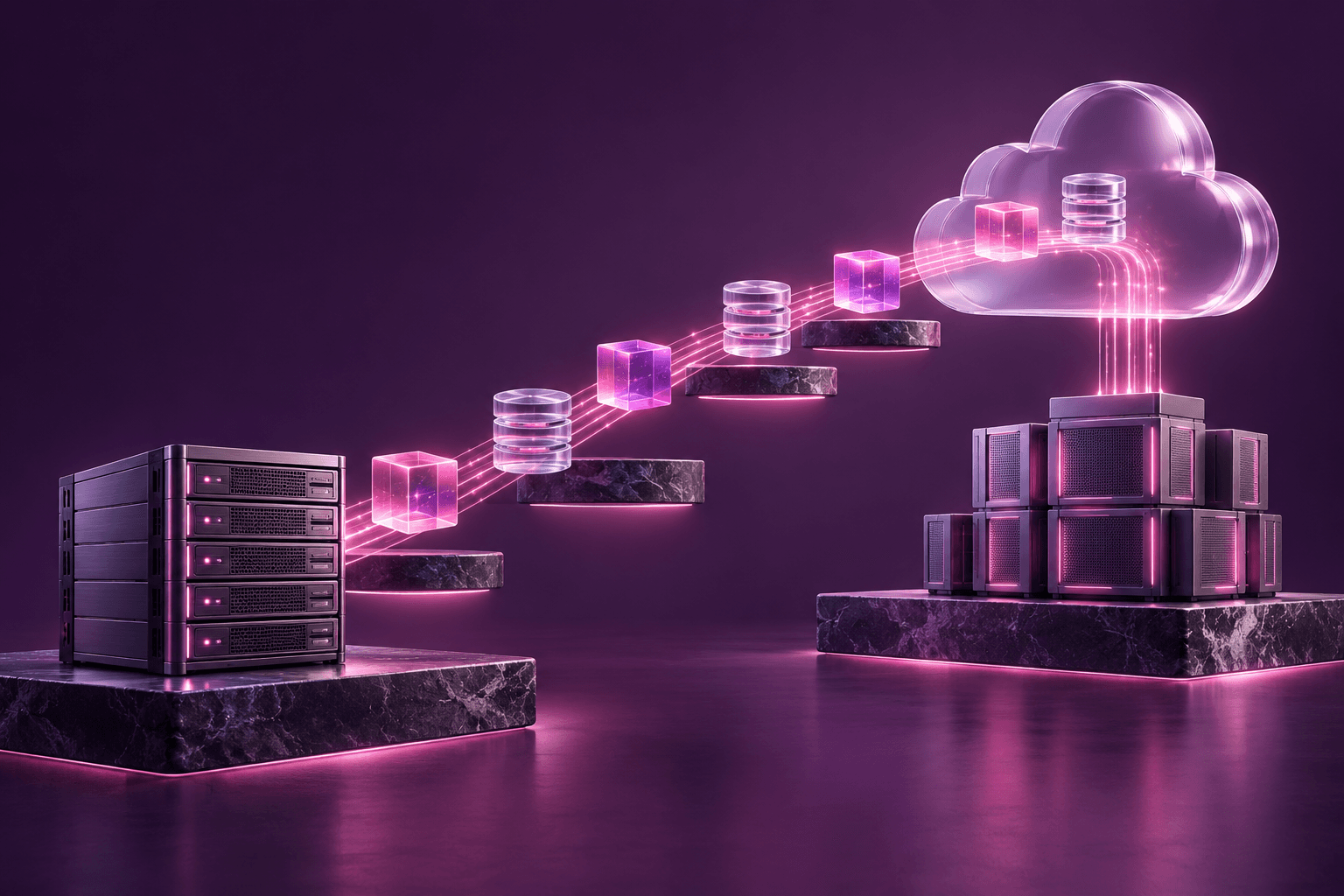 Data moving across staged steps from a server rack to a cloud platform and server cluster