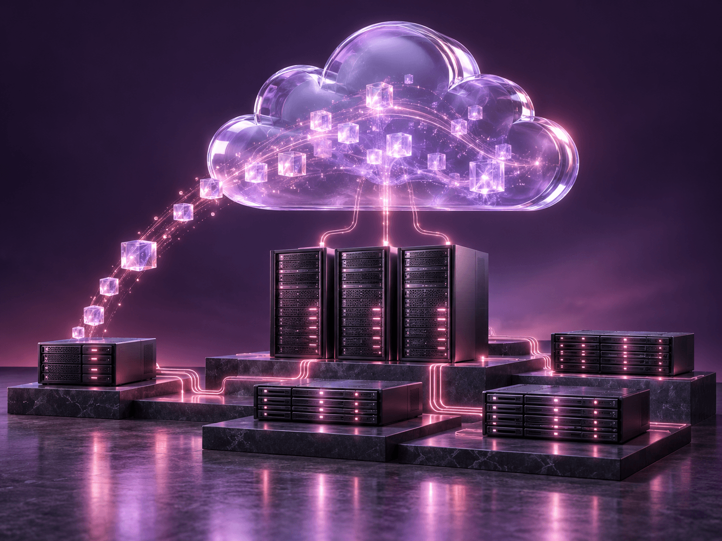 Server clusters connected to a glowing cloud platform