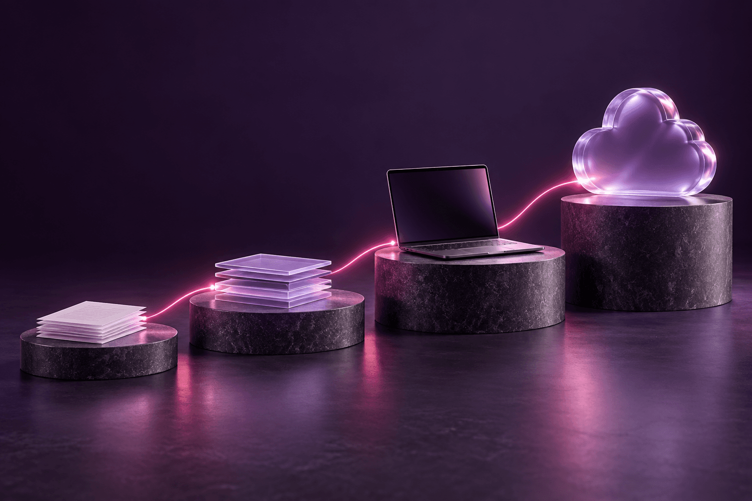 A progression from paper documents to digitised layers, a laptop and a cloud