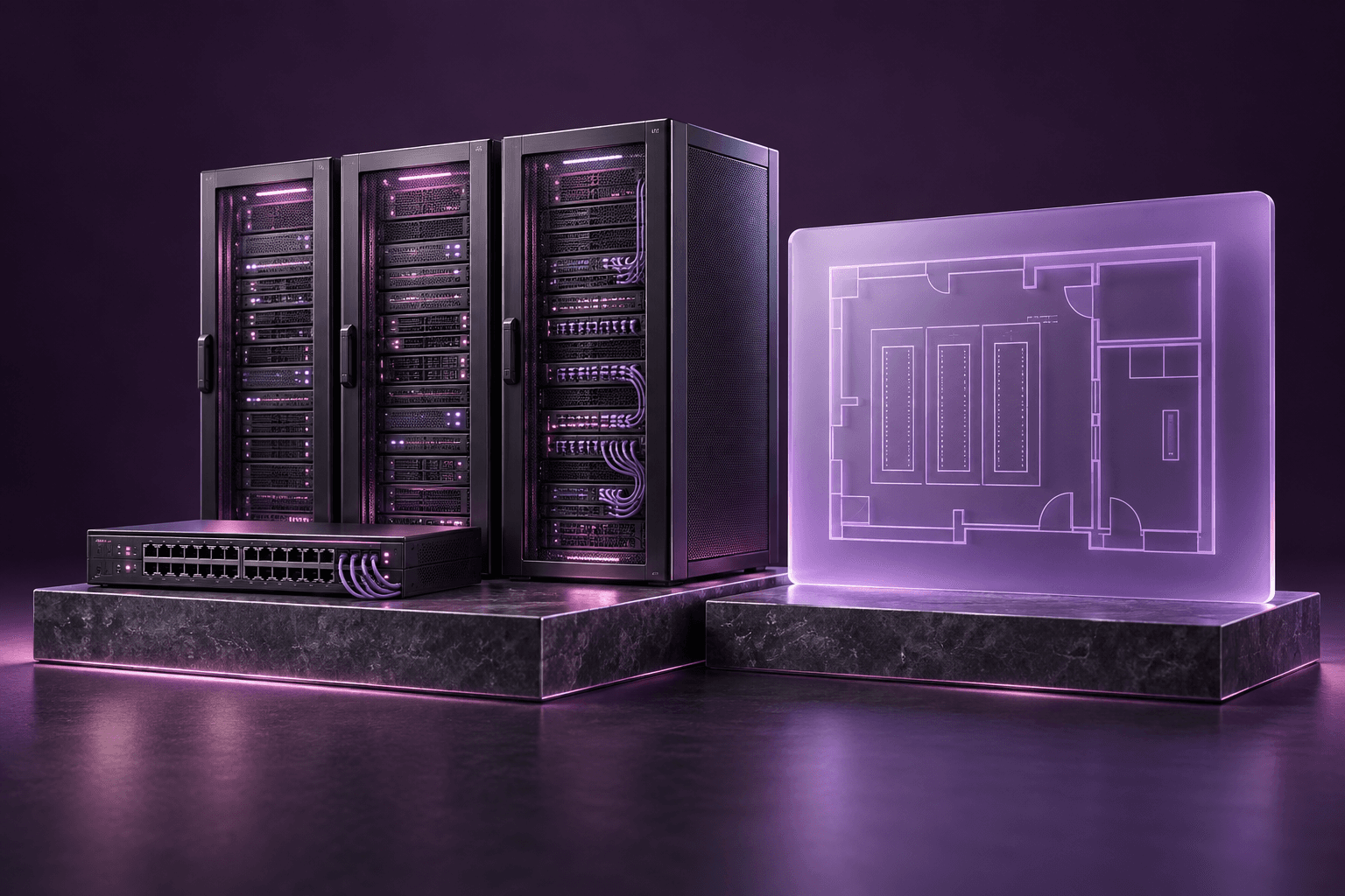 Server racks and a network switch beside a data-centre floor plan