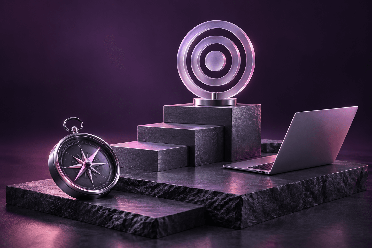 A compass and a target on priority steps beside a laptop