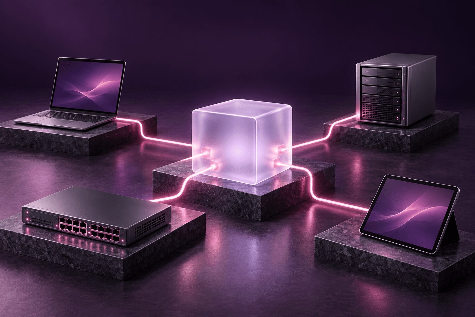 A central hub connecting a laptop, switch, server and tablet