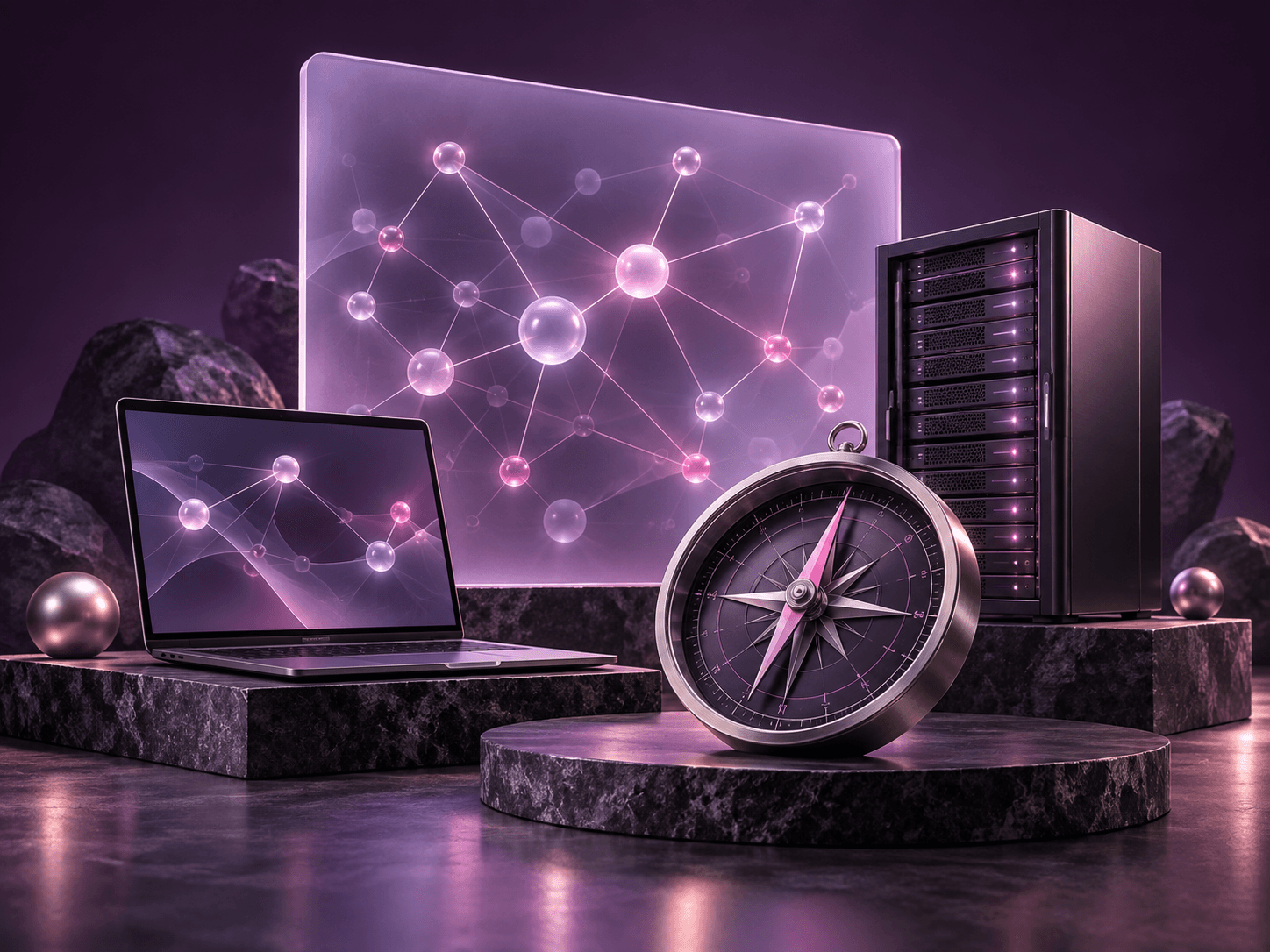 A compass and network diagram beside a laptop and a server rack