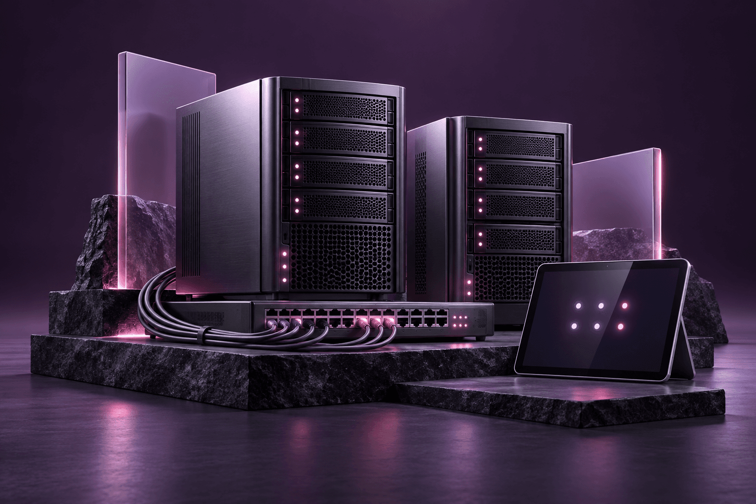 Servers connected to a network switch and a monitoring tablet